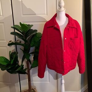 XL red quilted spring jacket with tan linning